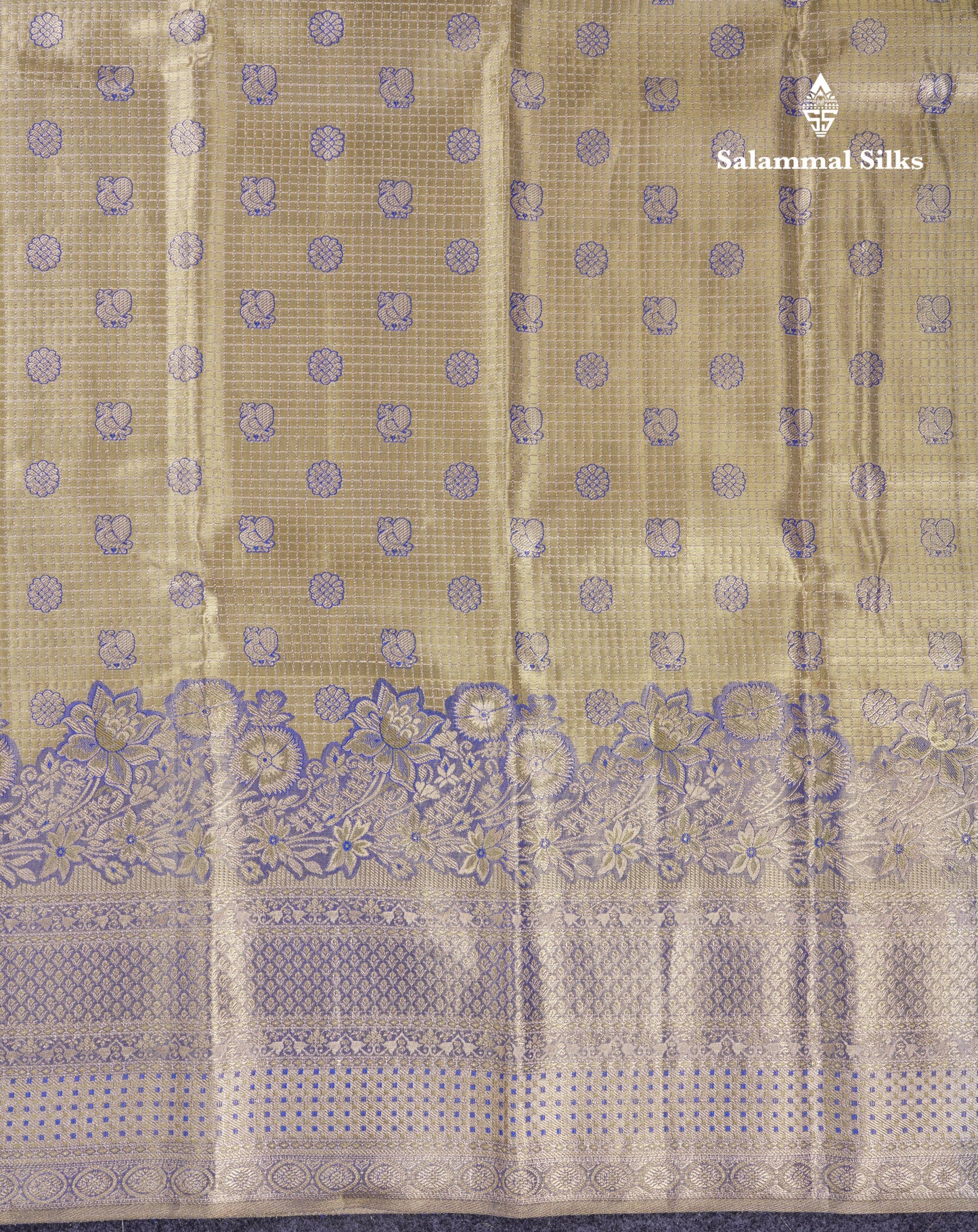 Beautiful Light Gold Tissue Bridal Small Checks With Butta Pure Kanjivaram Silk Saree With Contrast Violet Fancy Border