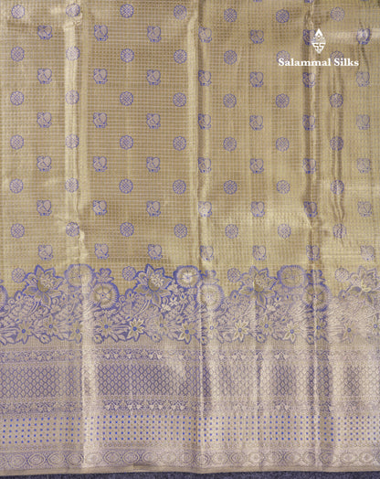 Beautiful Light Gold Tissue Bridal Small Checks With Butta Pure Kanjivaram Silk Saree With Contrast Violet Fancy Border