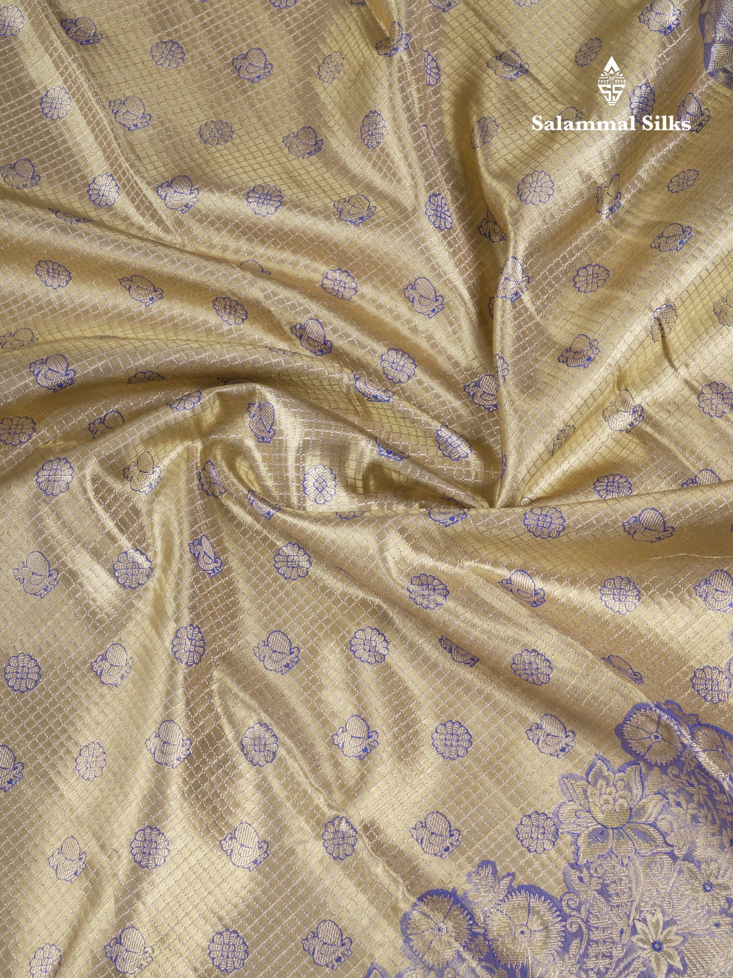 Beautiful Light Gold Tissue Bridal Small Checks With Butta Pure Kanjivaram Silk Saree With Contrast Violet Fancy Border