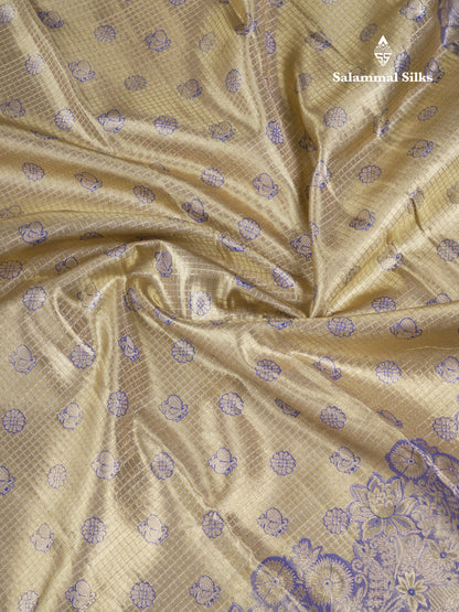 Beautiful Light Gold Tissue Bridal Small Checks With Butta Pure Kanjivaram Silk Saree With Contrast Violet Fancy Border
