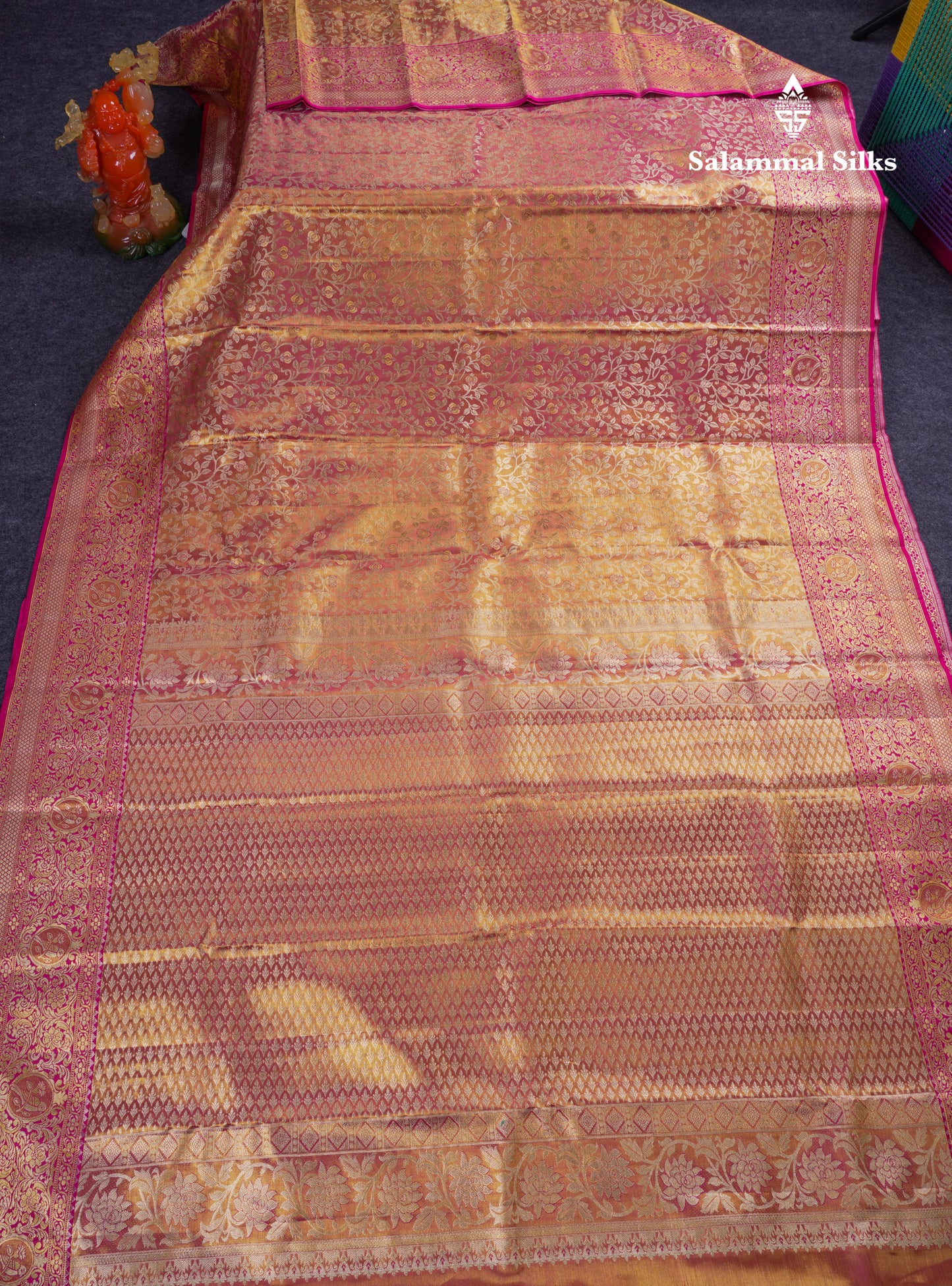 Beautiful Pink Tissue Bridal Menakari Work Pure Kanjivaram Silk Saree With Contrast Magenta Pink Fancy Border