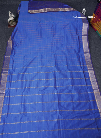 9.5 Yards Semi Silk Saree Royal Blue Checks With Traditional Self Border