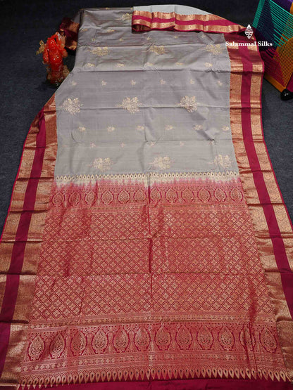 Semi Silk Saree - Light Grey Colour Body Zari Butta With Maroon Gap Border 