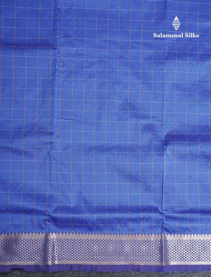 9.5 Yards Semi Silk Saree Royal Blue Checks With Traditional Self Border