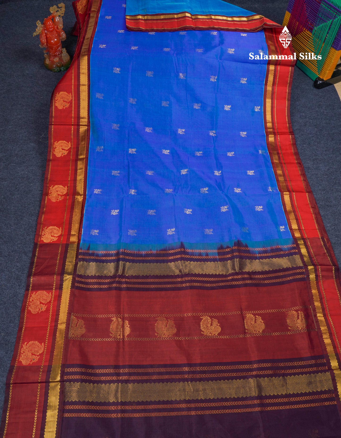 Blue Pure Silk Cotton Saree With Contrast Chilly Red Menakari Work Traditional Border