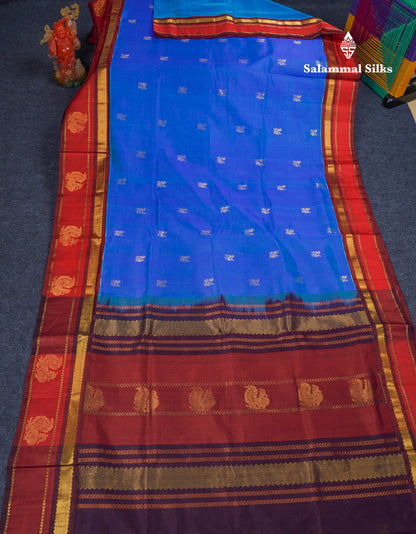Blue Pure Silk Cotton Saree With Contrast Chilly Red Menakari Work Traditional Border
