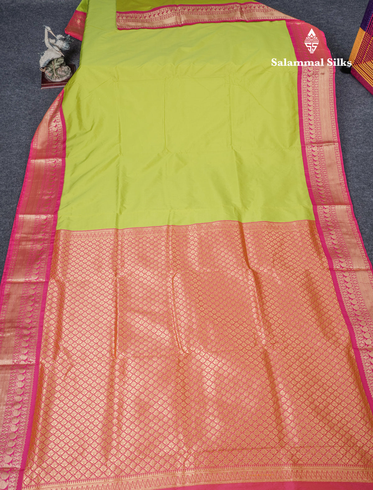 9 Yards Semi Silk Saree Plain Parrot Green with Contrast Pink Border