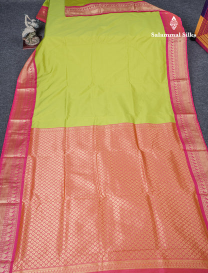 9 Yards Semi Silk Saree Plain Parrot Green with Contrast Pink Border