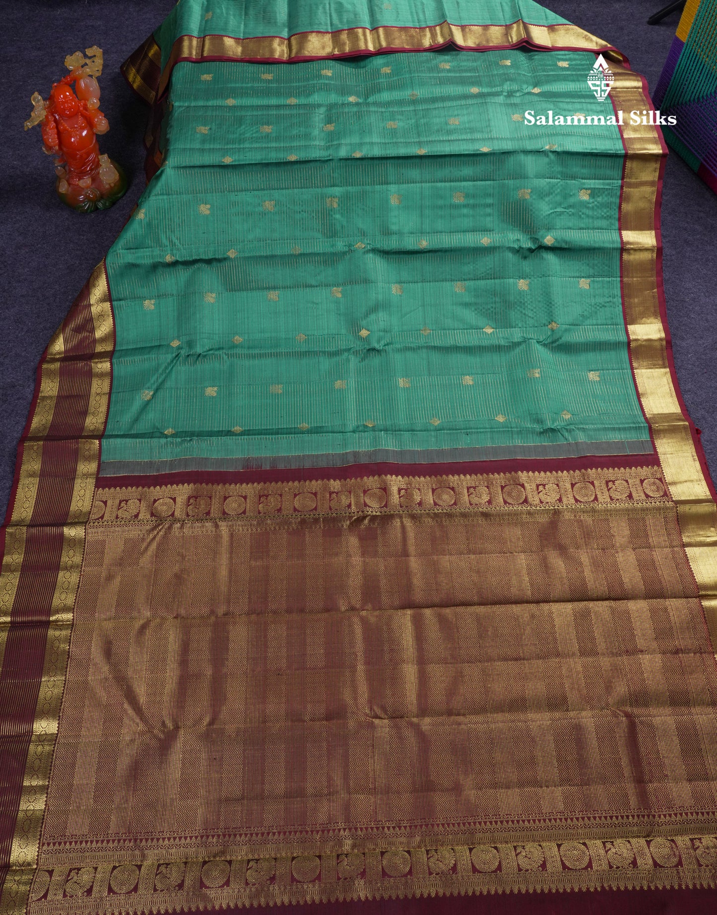Beautiful Sapphire Green Vaira Oosi Lines With Butta Pure Kanjivaram Silk Saree With Contrast Dark Brown Traditional Evening Morning Border