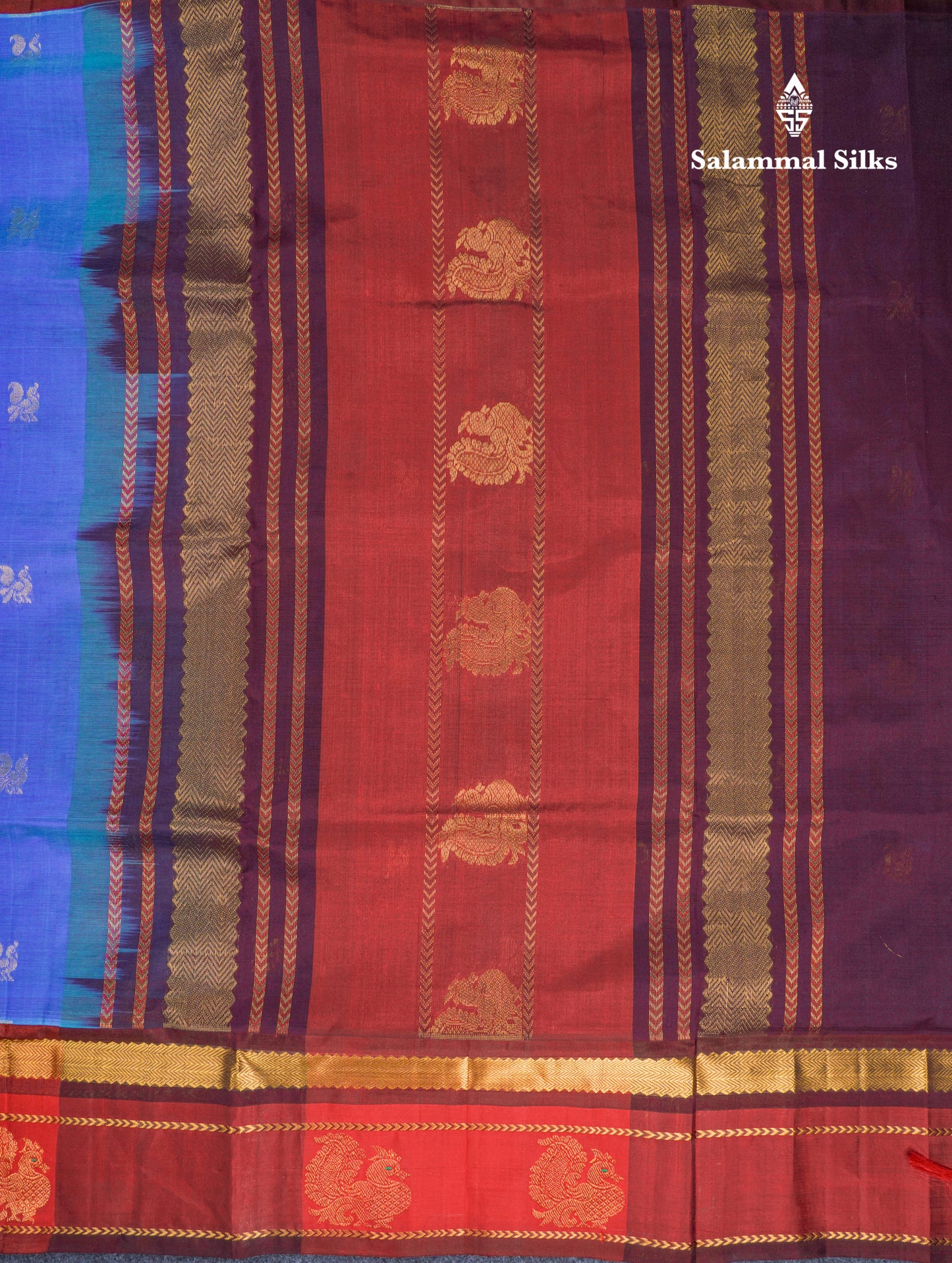 Blue Pure Silk Cotton Saree With Contrast Chilly Red Menakari Work Traditional Border