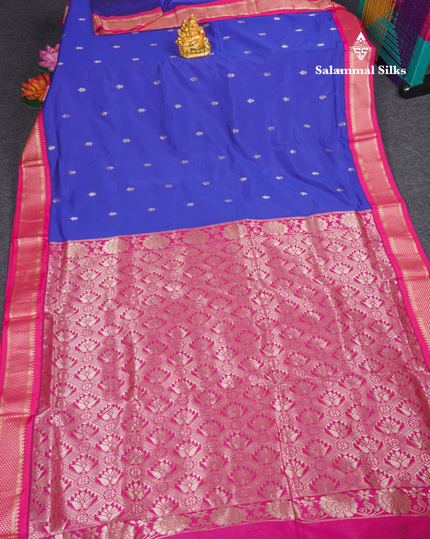9.5 Yards Semi Silk Saree Royal Blue with Contrast Pink Border