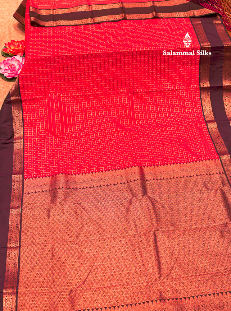 Orange Colour Small Checks 1000 Butta Semi Silk Saree With Dark Violet Double Border
