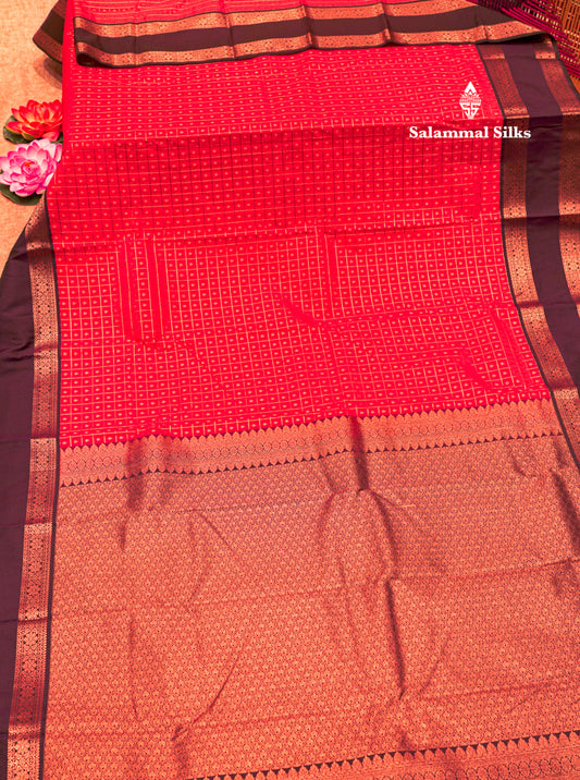 Orange Colour Small Checks 1000 Butta Semi Silk Saree With Dark Violet Double Border