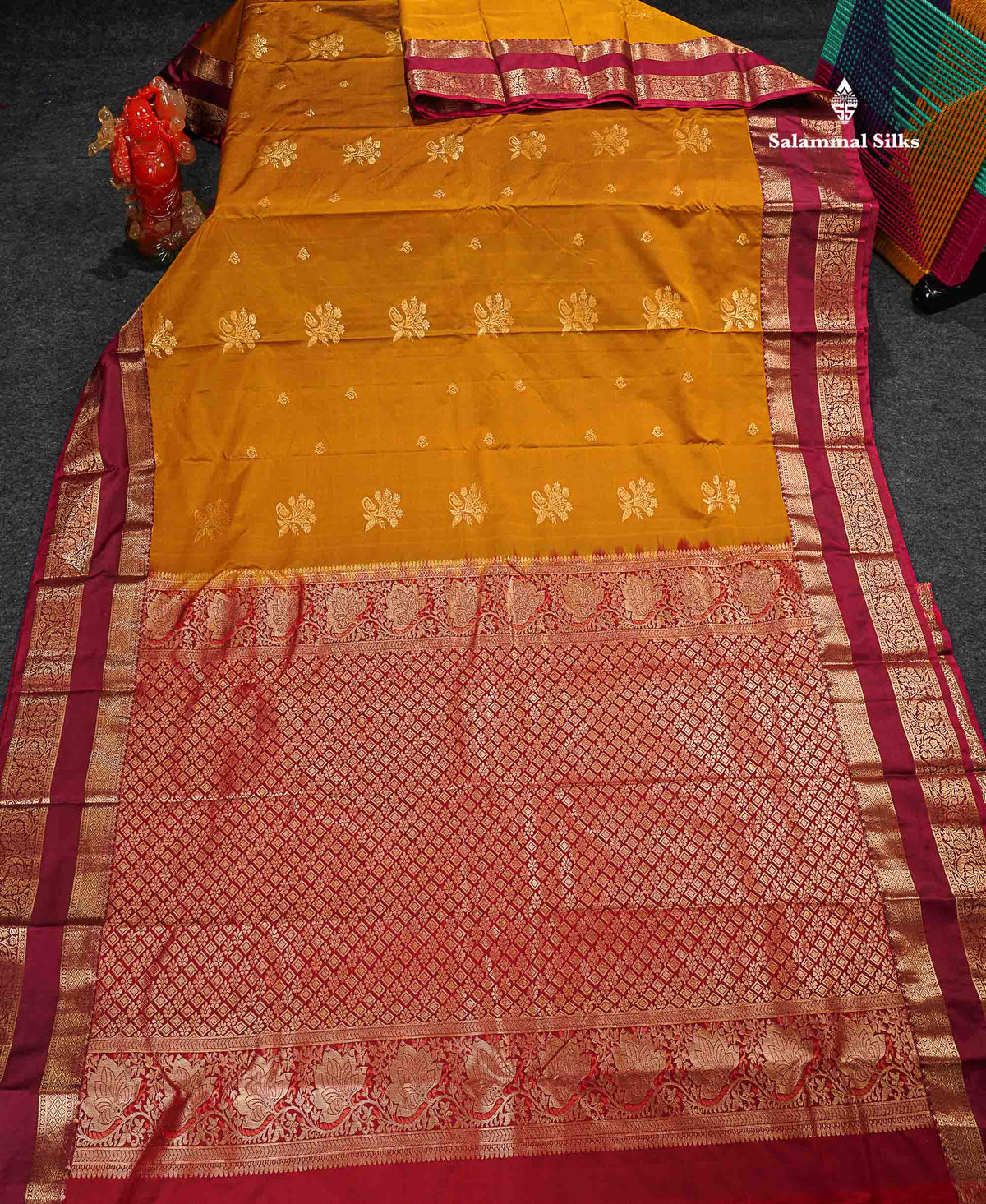 Semi Silk Saree - Mustard Yellow Colour Body Zari Butta With Traditional Gap Border
