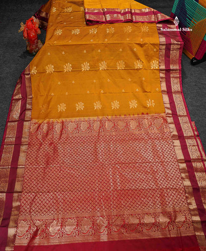 Semi Silk Saree - Mustard Yellow Colour Body Zari Butta With Traditional Gap Border