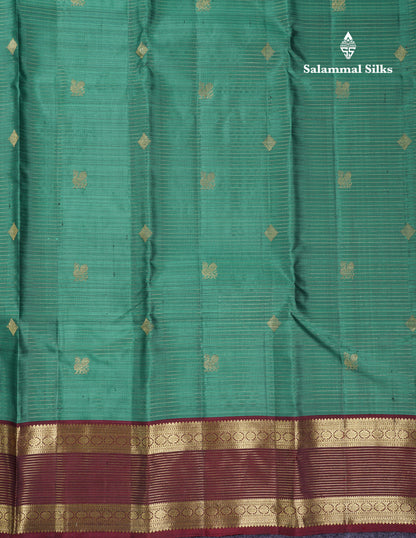 Beautiful Sapphire Green Vaira Oosi Lines With Butta Pure Kanjivaram Silk Saree With Contrast Dark Brown Traditional Evening Morning Border