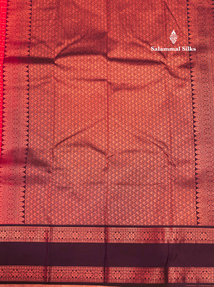 Orange Colour Small Checks 1000 Butta Semi Silk Saree With Dark Violet Double Border