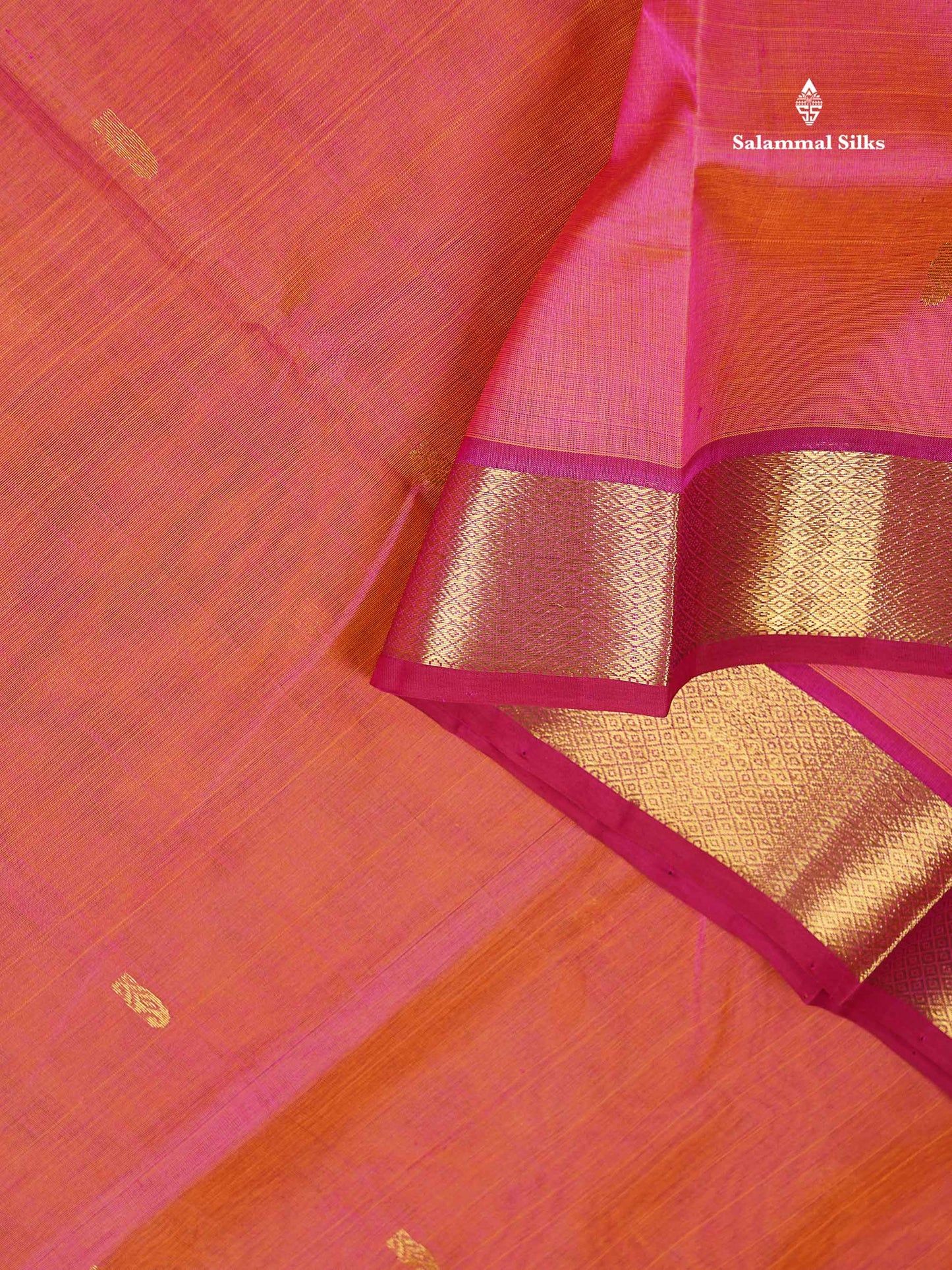 Pure Silk Cotton Saree - Dual Tone Pinkish Orange Colour Body With Butta