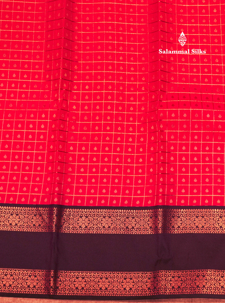 Orange Colour Small Checks 1000 Butta Semi Silk Saree With Dark Violet Double Border