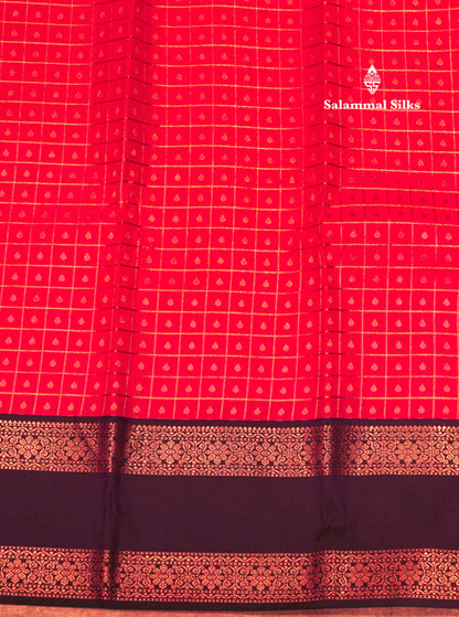 Orange Colour Small Checks 1000 Butta Semi Silk Saree With Dark Violet Double Border