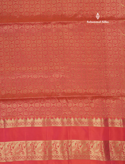 Beautiful Bottle Green Pure Kanjivaram Soft Silk Saree With Contrast Pinkish Orange Border