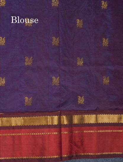 Blue Pure Silk Cotton Saree With Contrast Chilly Red Menakari Work Traditional Border