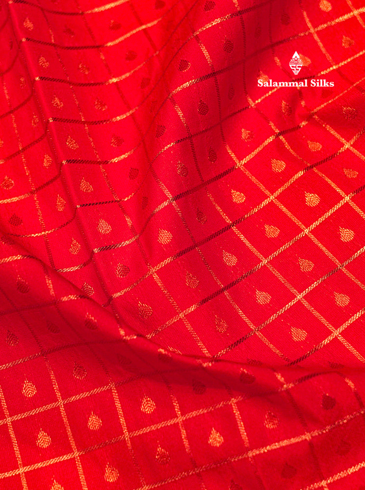 Orange Colour Small Checks 1000 Butta Semi Silk Saree With Dark Violet Double Border