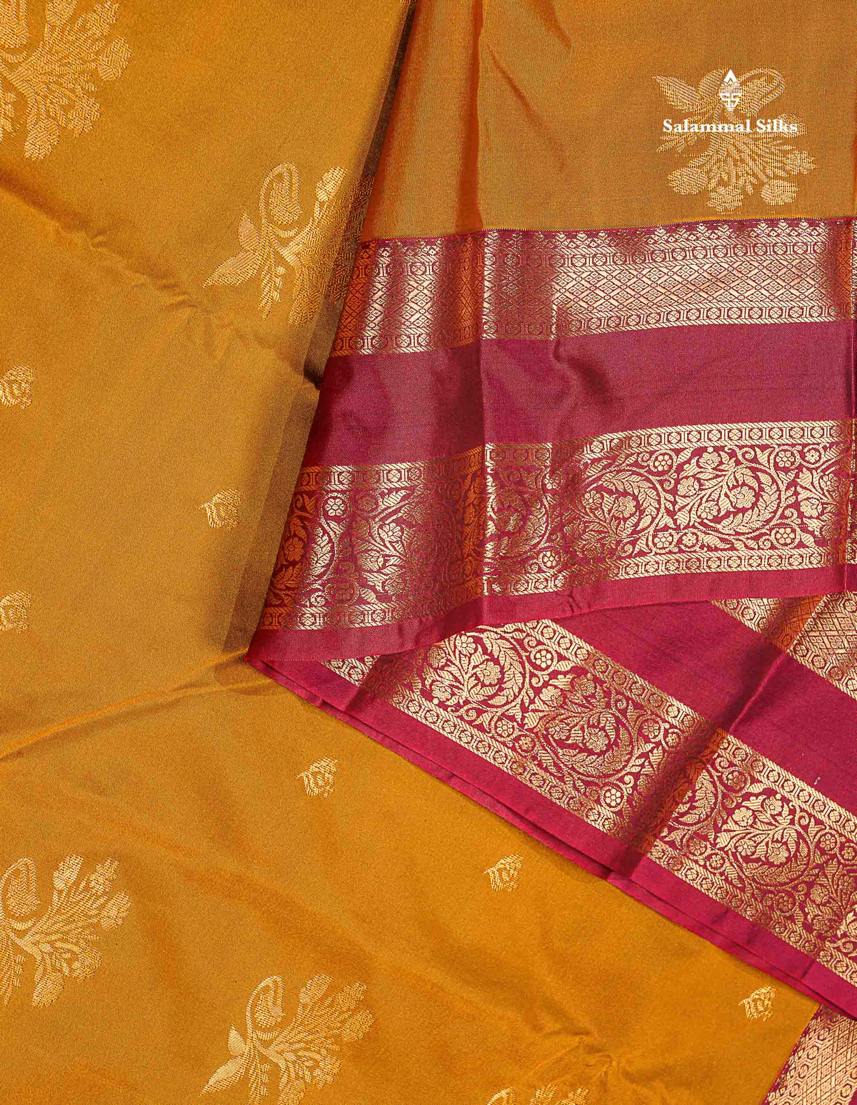 Semi Silk Saree - Mustard Yellow Colour Body Zari Butta With Traditional Gap Border