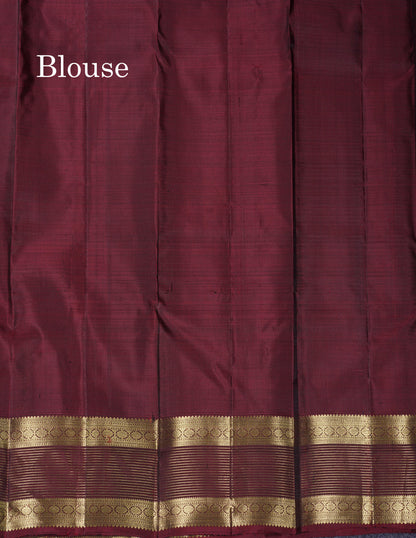 Beautiful Sapphire Green Vaira Oosi Lines With Butta Pure Kanjivaram Silk Saree With Contrast Dark Brown Traditional Evening Morning Border