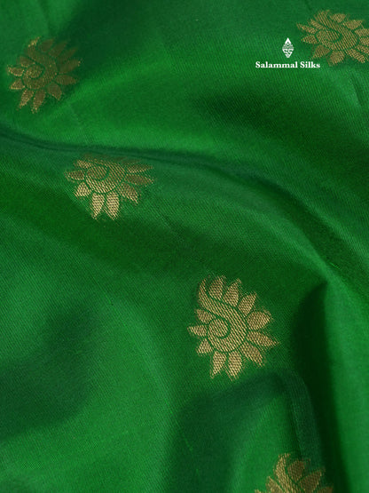 Beautiful Bottle Green Pure Kanjivaram Soft Silk Saree With Contrast Pinkish Orange Border
