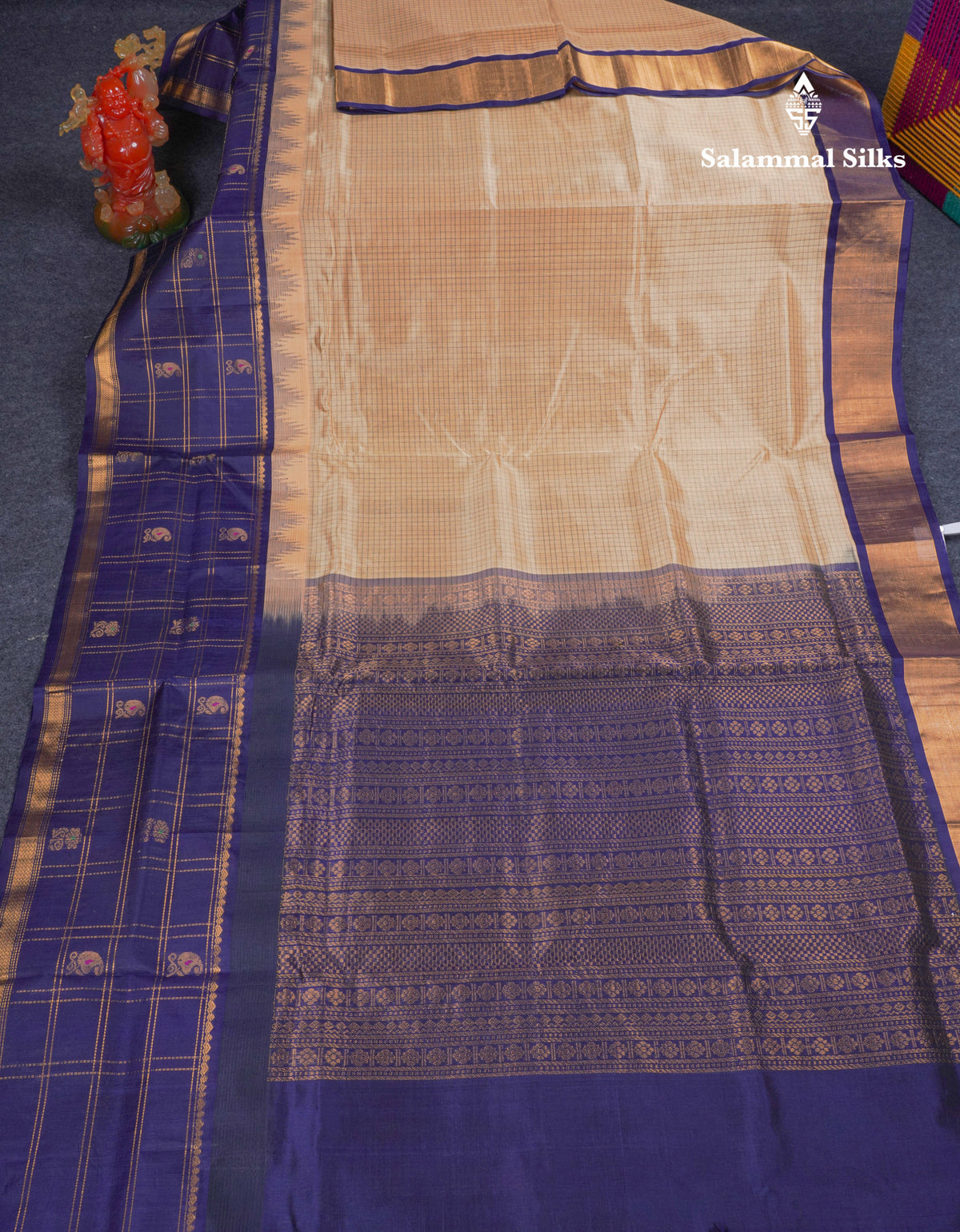 Beige Tiny Checks Pure Silk Cotton Saree With Contrast Navy Blue Traditional Evening Morning Border