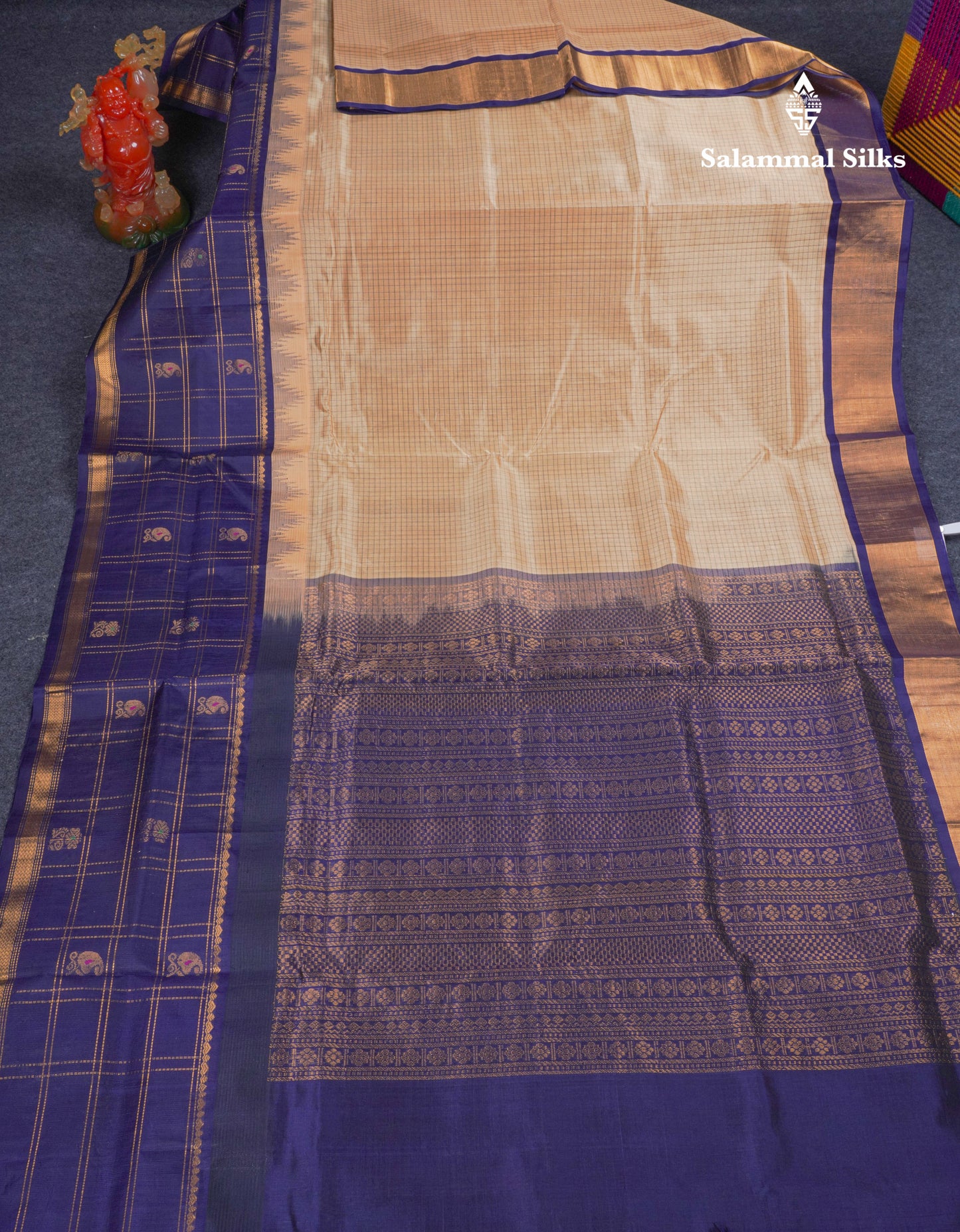 Beige Tiny Checks Pure Silk Cotton Saree With Contrast Navy Blue Traditional Evening Morning Border