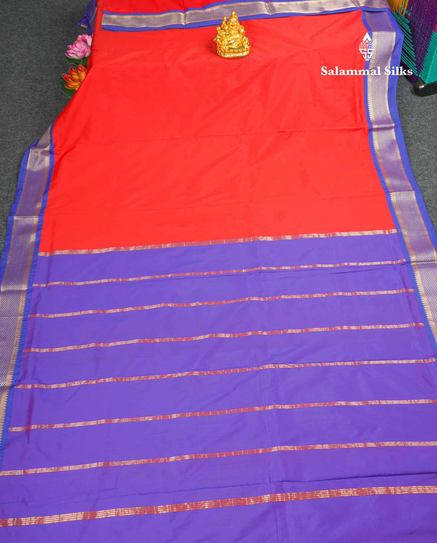 9 Yards Semi Silk Saree Chilly Red with Contrast Royal Blue Border