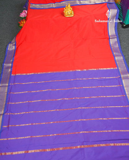 9 Yards Semi Silk Saree Chilly Red with Contrast Royal Blue Border