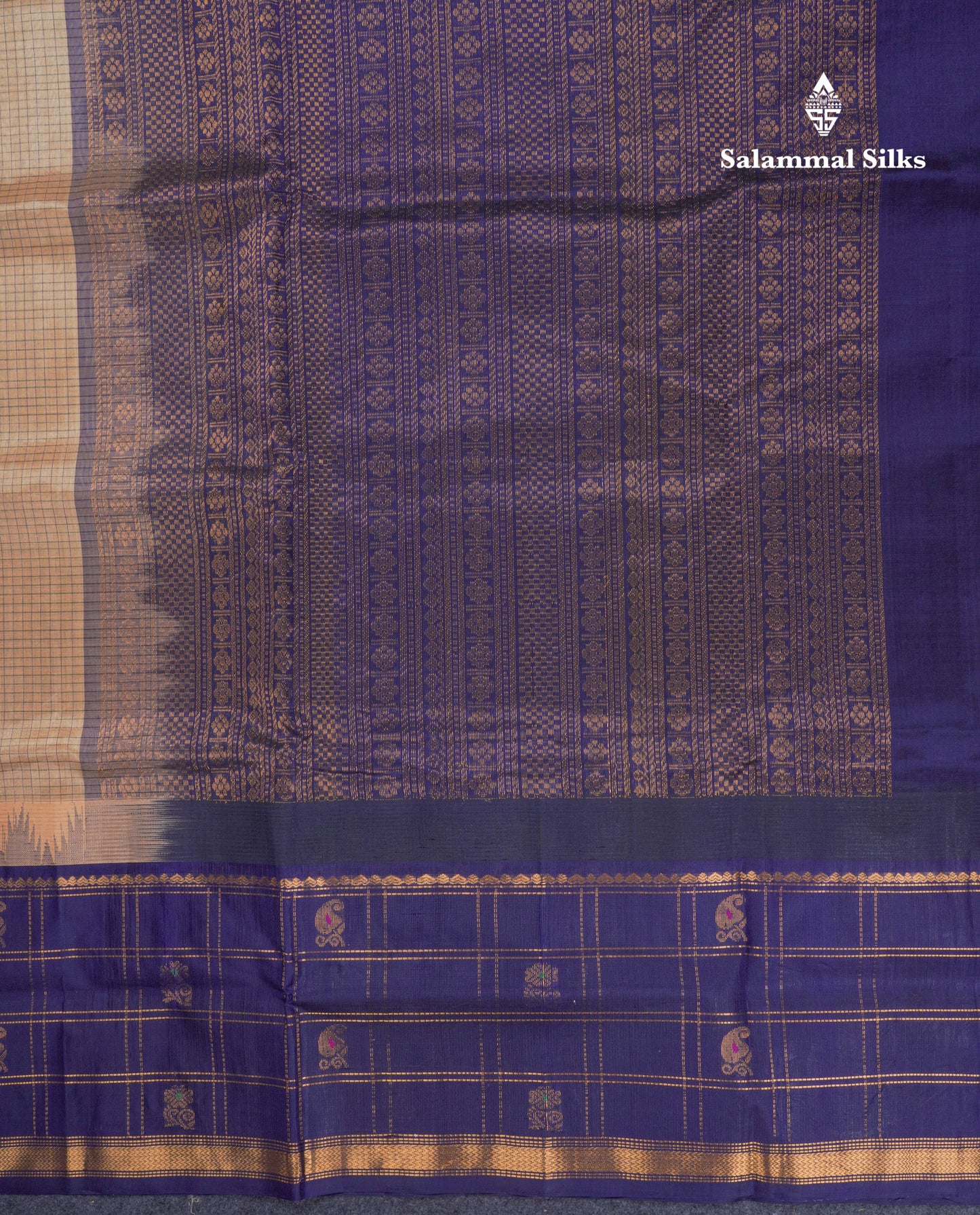Beige Tiny Checks Pure Silk Cotton Saree With Contrast Navy Blue Traditional Evening Morning Border