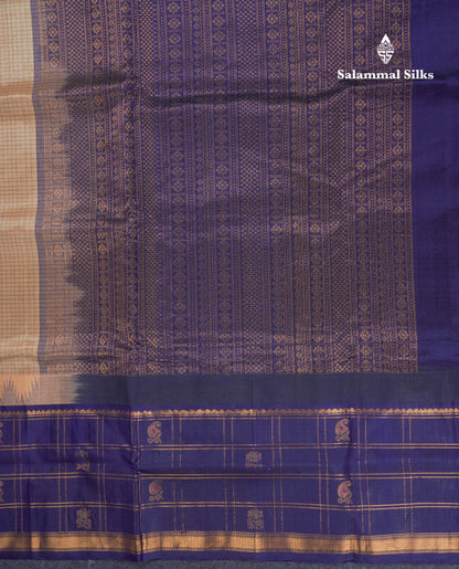 Beige Tiny Checks Pure Silk Cotton Saree With Contrast Navy Blue Traditional Evening Morning Border