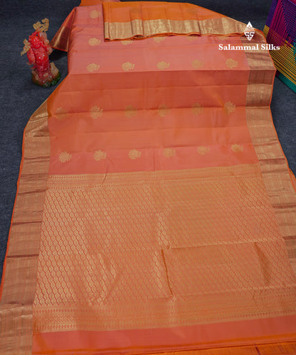 Beautiful Light Orange Pure Kanjivaram Silk Saree With Traditional Border