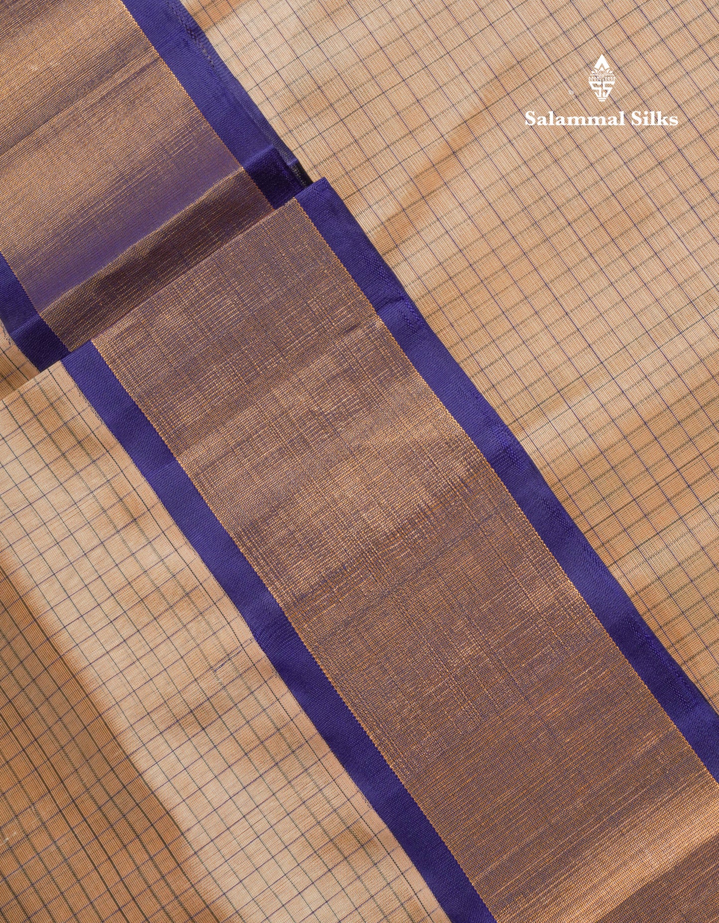 Beige Tiny Checks Pure Silk Cotton Saree With Contrast Navy Blue Traditional Evening Morning Border