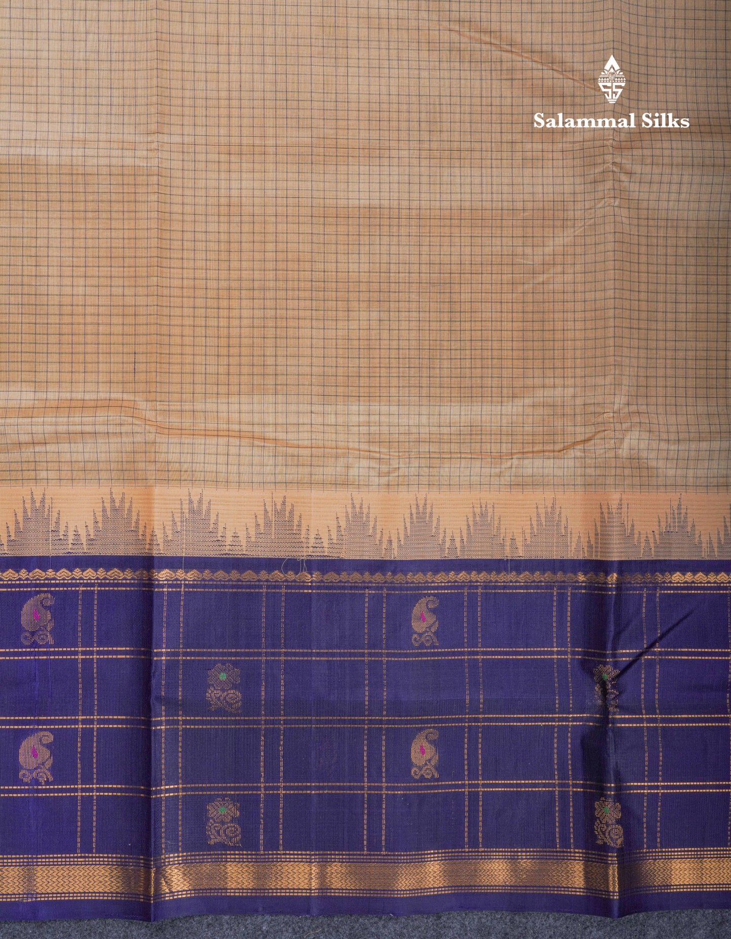Beige Tiny Checks Pure Silk Cotton Saree With Contrast Navy Blue Traditional Evening Morning Border