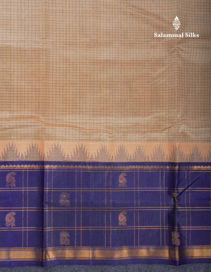 Beige Tiny Checks Pure Silk Cotton Saree With Contrast Navy Blue Traditional Evening Morning Border