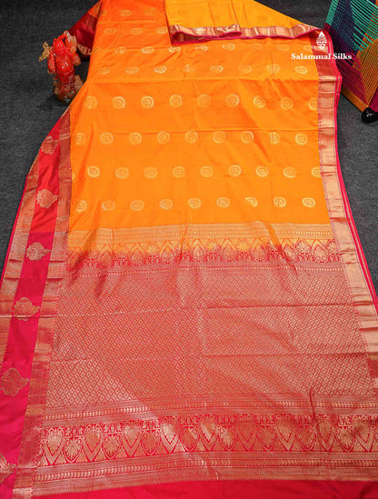 Semi Silk Saree - Mango Yellow Colour Body Zari Butta With Contrast Tomato Red Gap Border