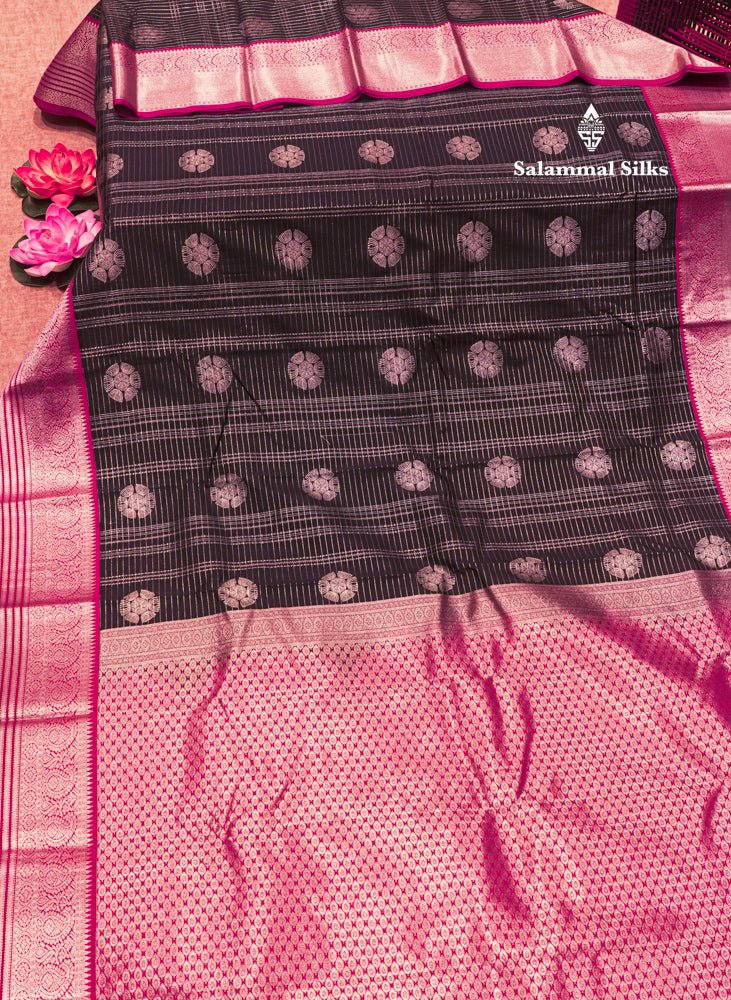 Dark Navy Blue Colour Semi Silk Saree With Pink Silver Zari Border