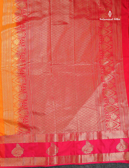 Semi Silk Saree - Mango Yellow Colour Body Zari Butta With Contrast Tomato Red Gap Border