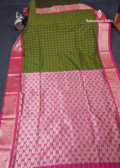 9 Yards Semi Silk Saree Army Green With Contrast Pink Border