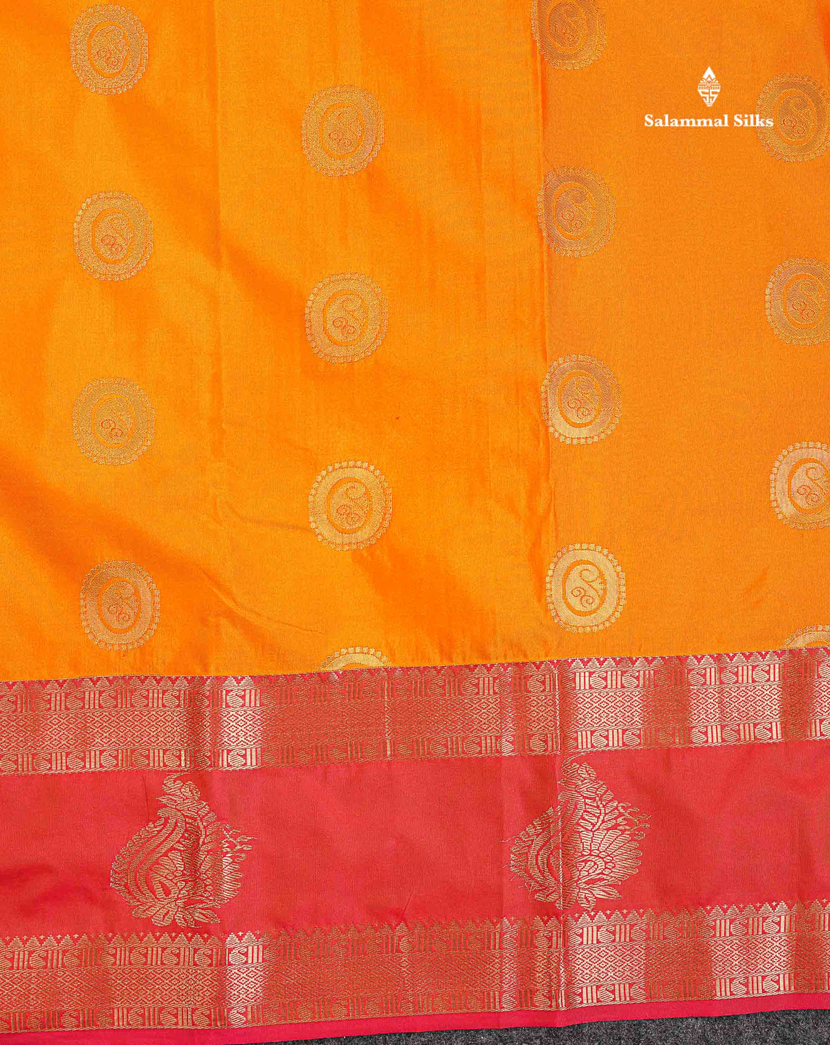 Semi Silk Saree - Mango Yellow Colour Body Zari Butta With Contrast Tomato Red Gap Border