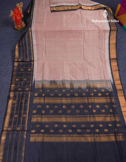 Light Chocolate Small Checks Pure Silk Cotton Saree With Contrast Black Traditional Evening Morning Border