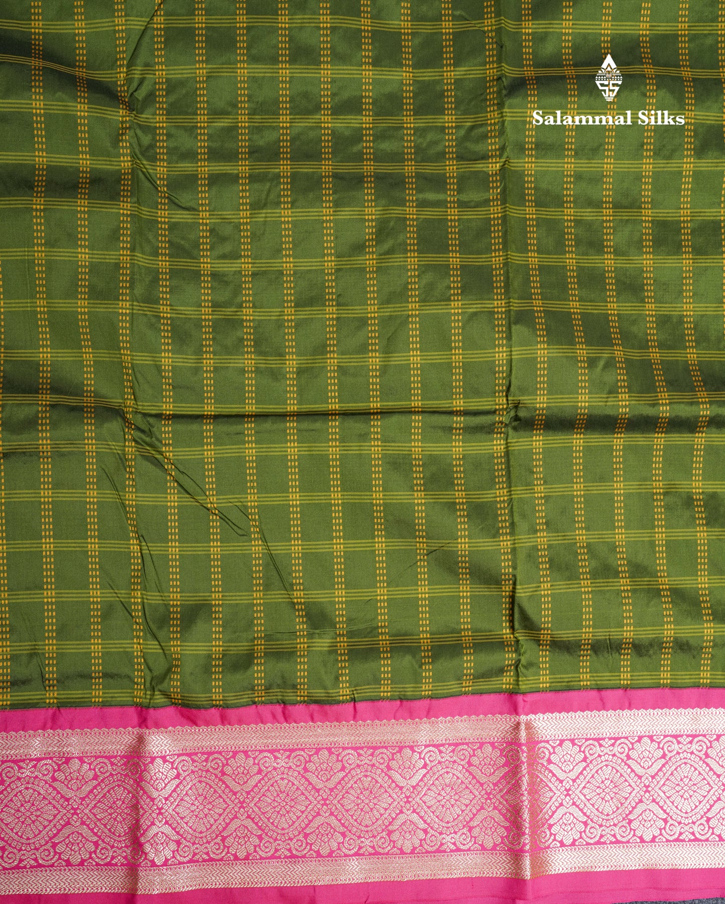 9 Yards Semi Silk Saree Army Green With Contrast Pink Border