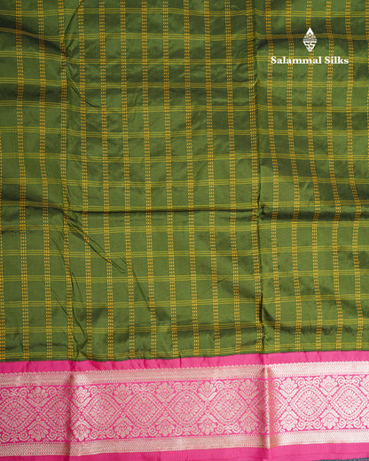9 Yards Semi Silk Saree Army Green With Contrast Pink Border
