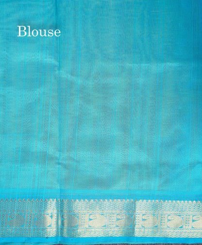 Contrast Sky Blue Blouse Of Manthulir Yellow Pure Silk Cotton Saree 