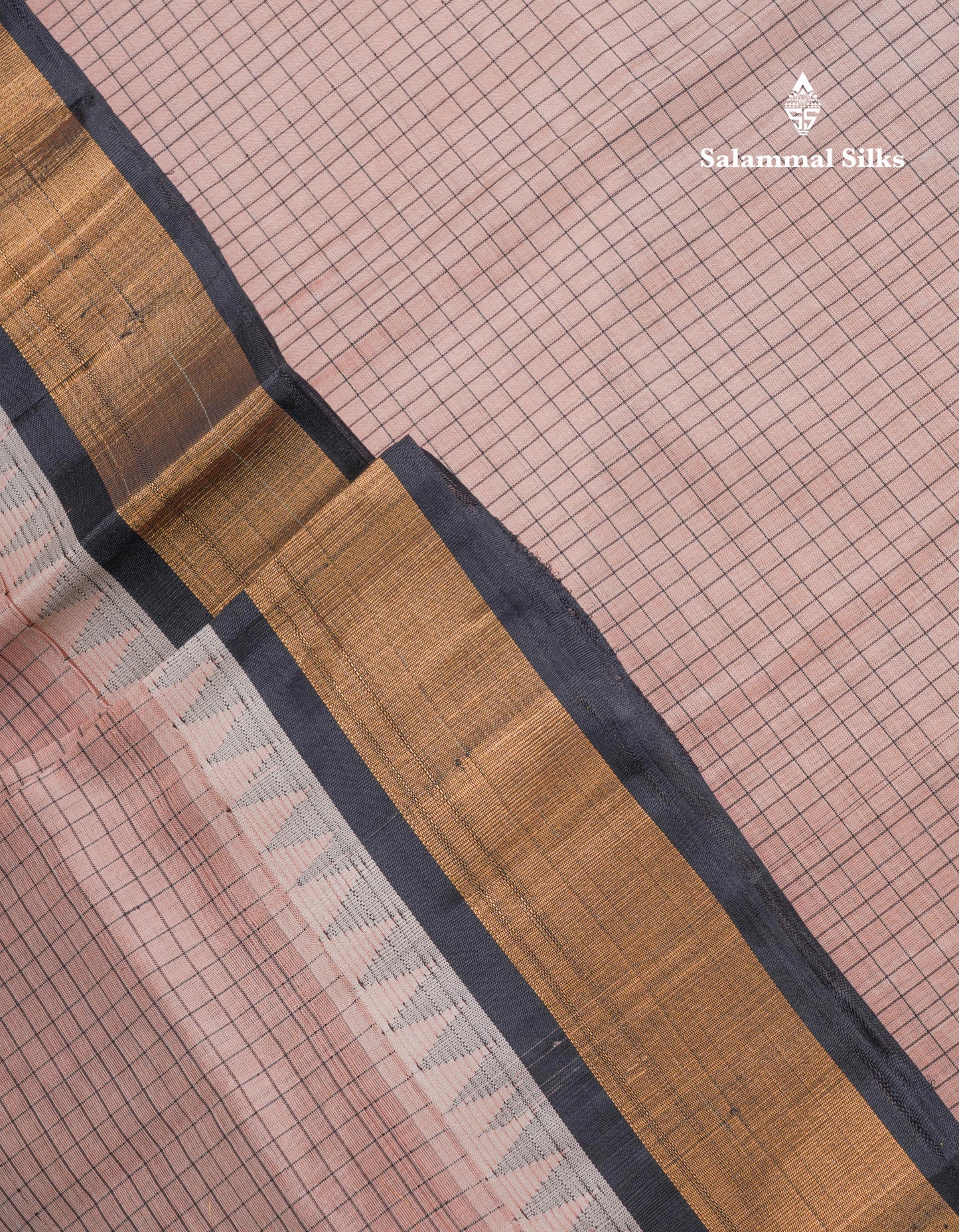 Light Chocolate Small Checks Pure Silk Cotton Saree With Contrast Black Traditional Evening Morning Border